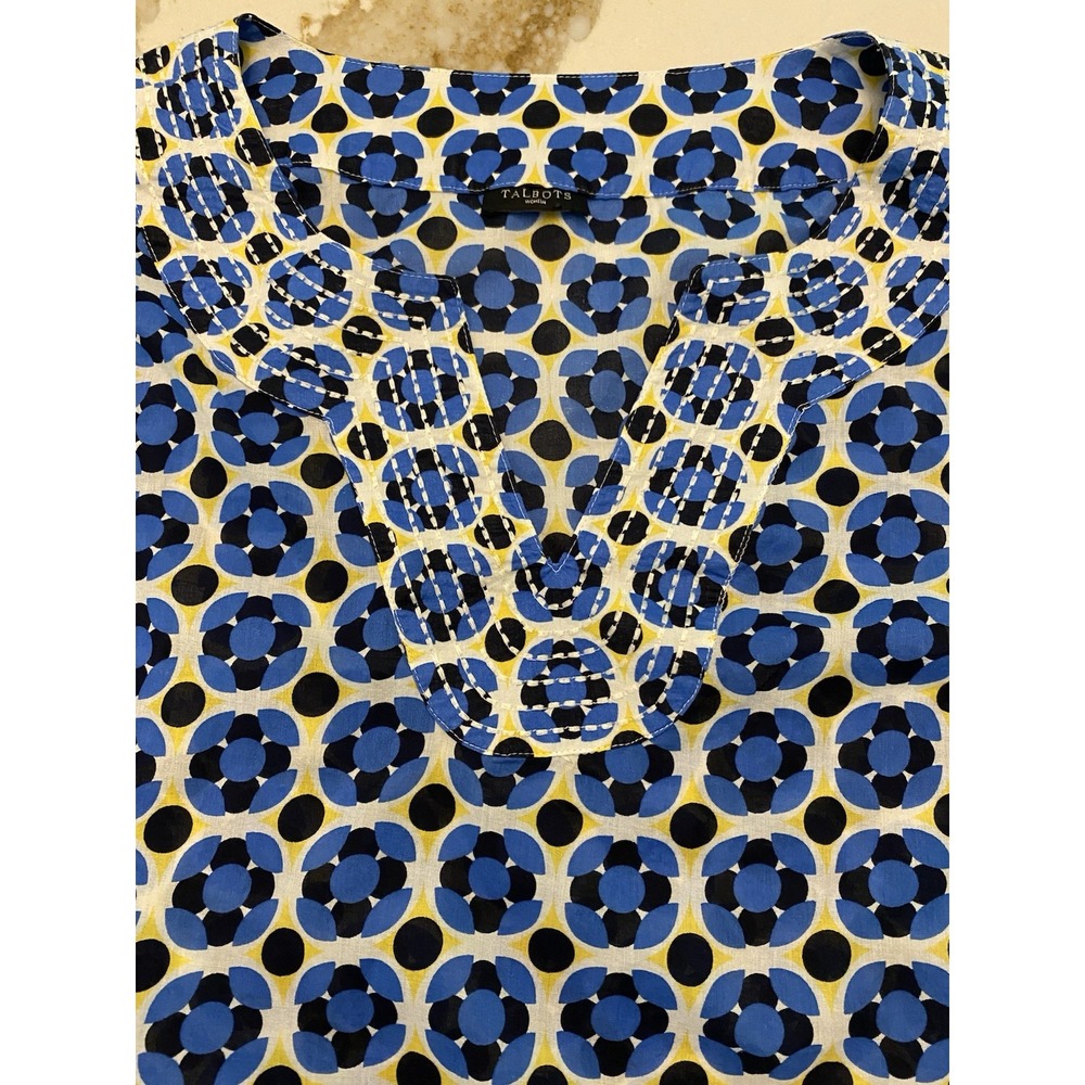 Talbots Woman 1X Top Blouse 100% Cotton Geometric Notch Neck Embroidery - Picture 4 of 9